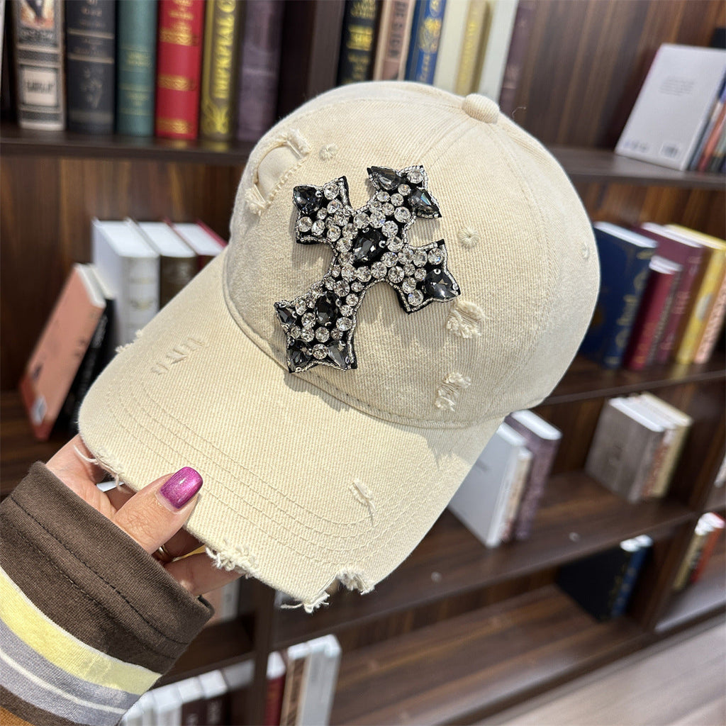 Rhinestone Cross Distressed Washed Denim Baseball Cap Multi‑Color