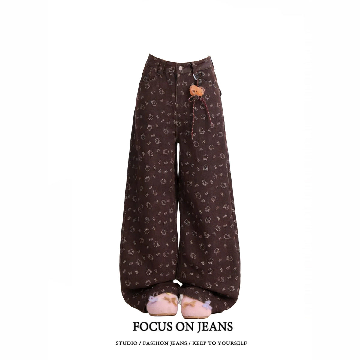 Brown Hello Kitty Print Wide Leg Denim Jeans High Waist Loose Trousers