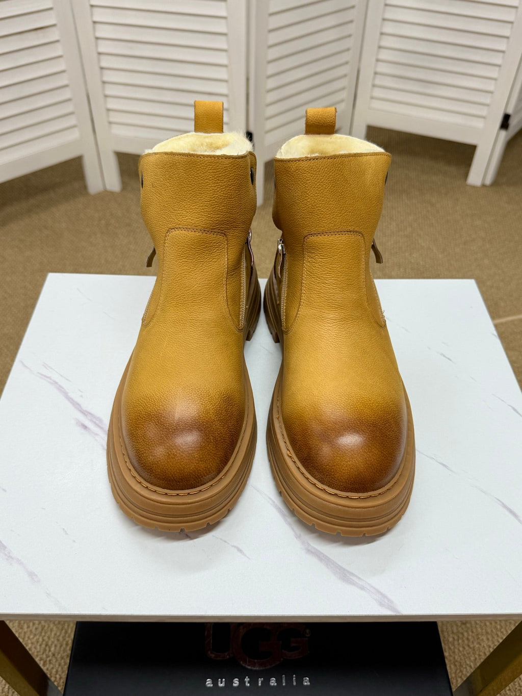 UGG Chestnut Shearling-Collar Leather Boots