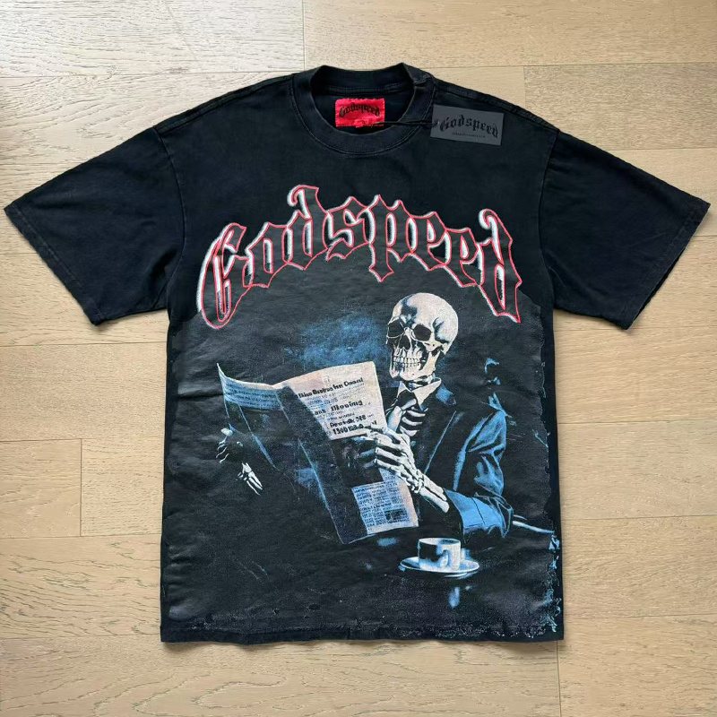 Godspeed Washed Black Skull Newspaper Graphic Short-Sleeve T-Shirt