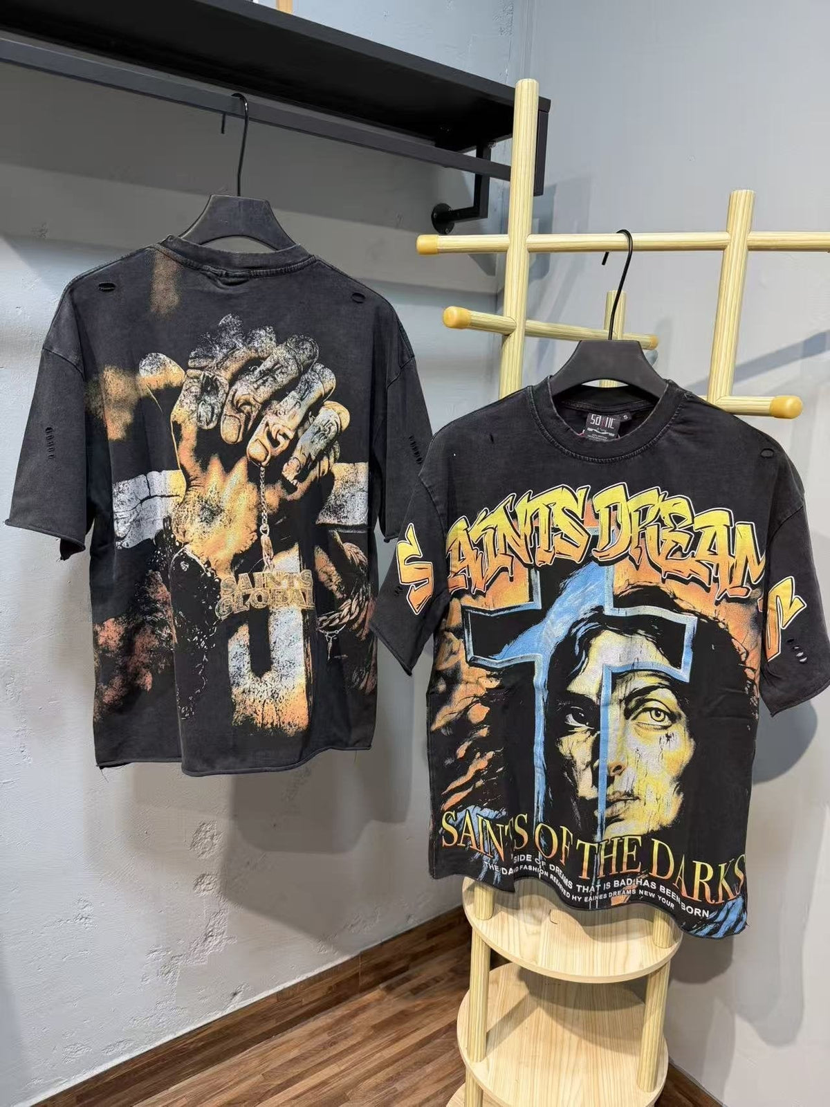 SAINT Washed Black Front & Back Graphic T-Shirt