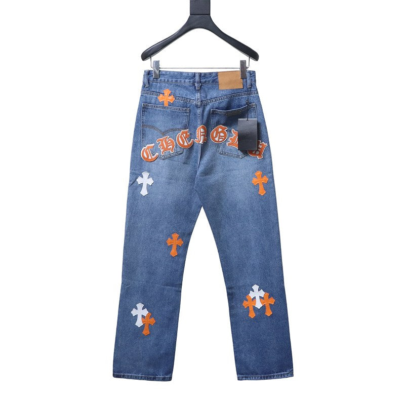 Chrome Hearts Orange Cross White Leather Jeans
