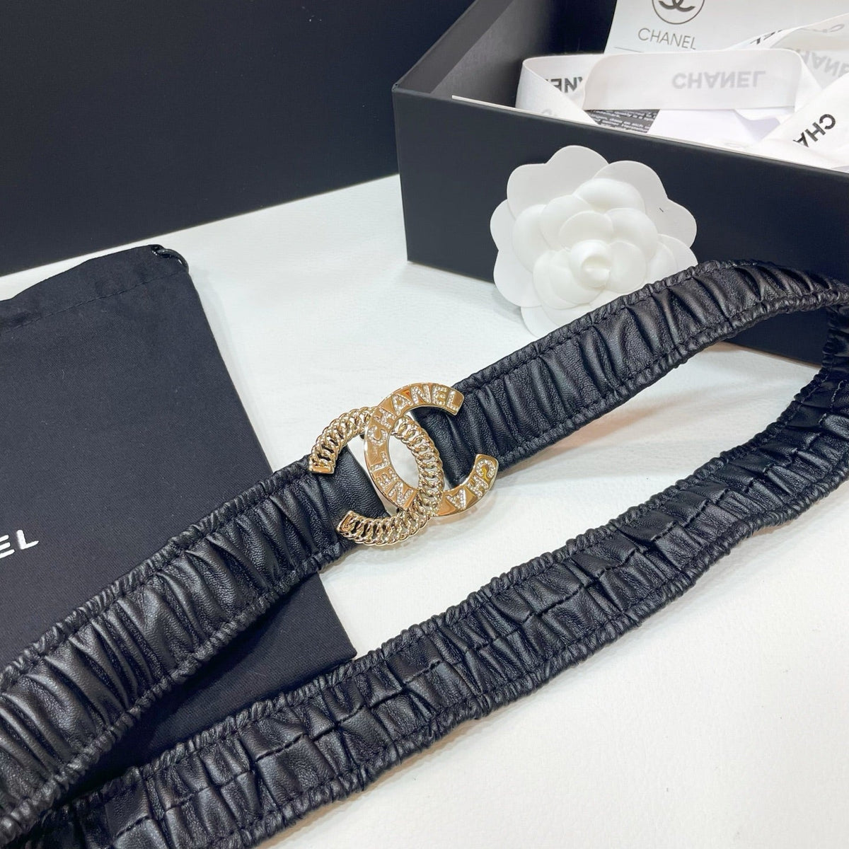 CHANEL DOUBLE C ELASTIC BELT 30MM IN BLACK CALFSKIN GOLD CRYSTAL EMBELLISHED BUCKLE