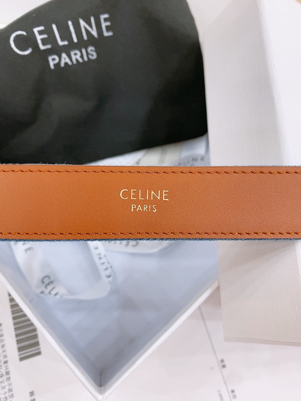 CELINE 25S BELT TRIOMPHE TAURILLON 25MM IN BROWN CALFSKIN AND DENIM 558354