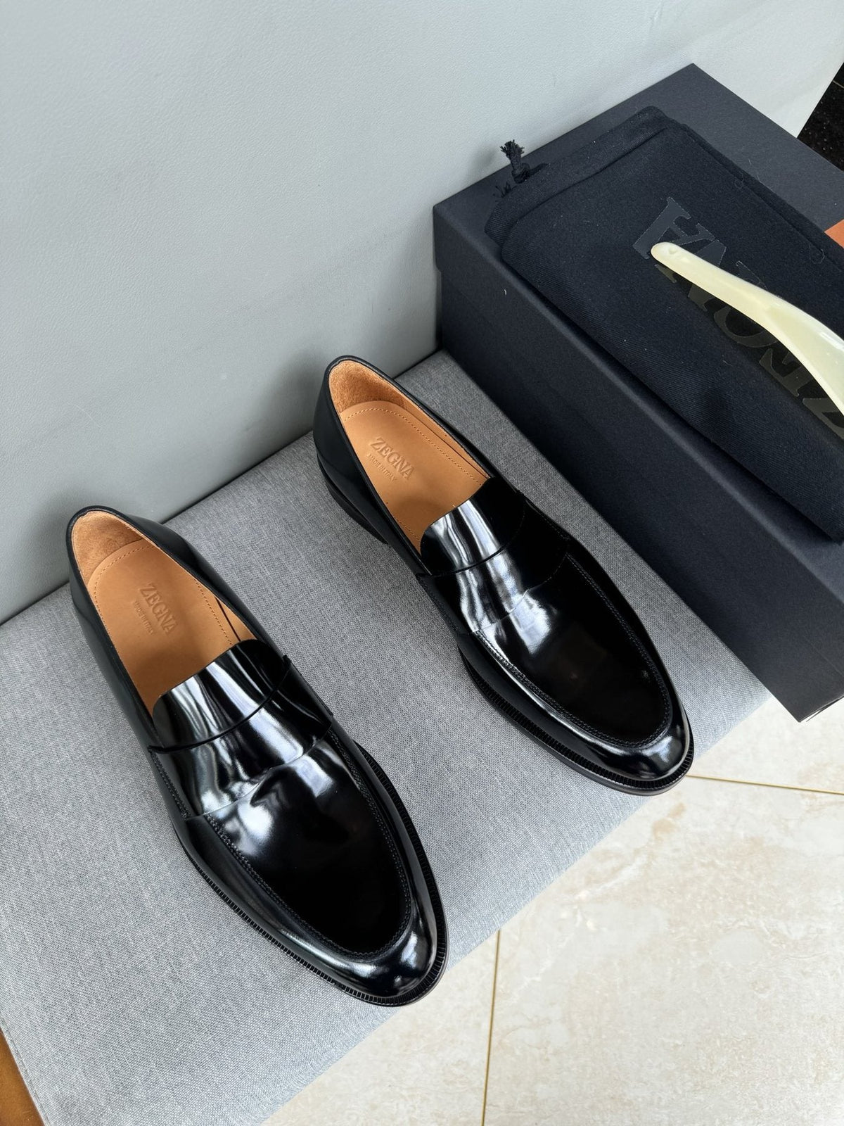 Zegna Men's Glossy Black Leather Loafers