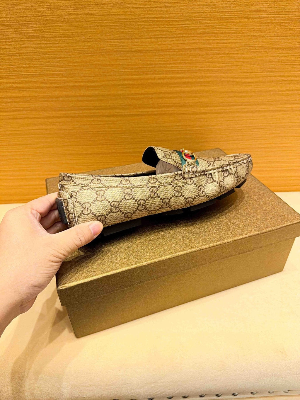 Gucci Beige Tan Monogram Horsebit Loafers