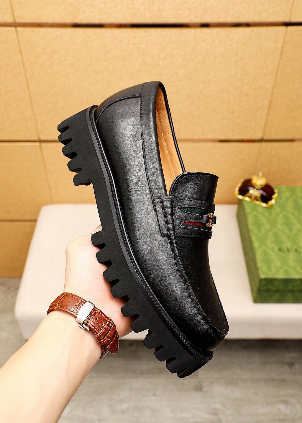 GUCCI Black Web-Accent Loafers