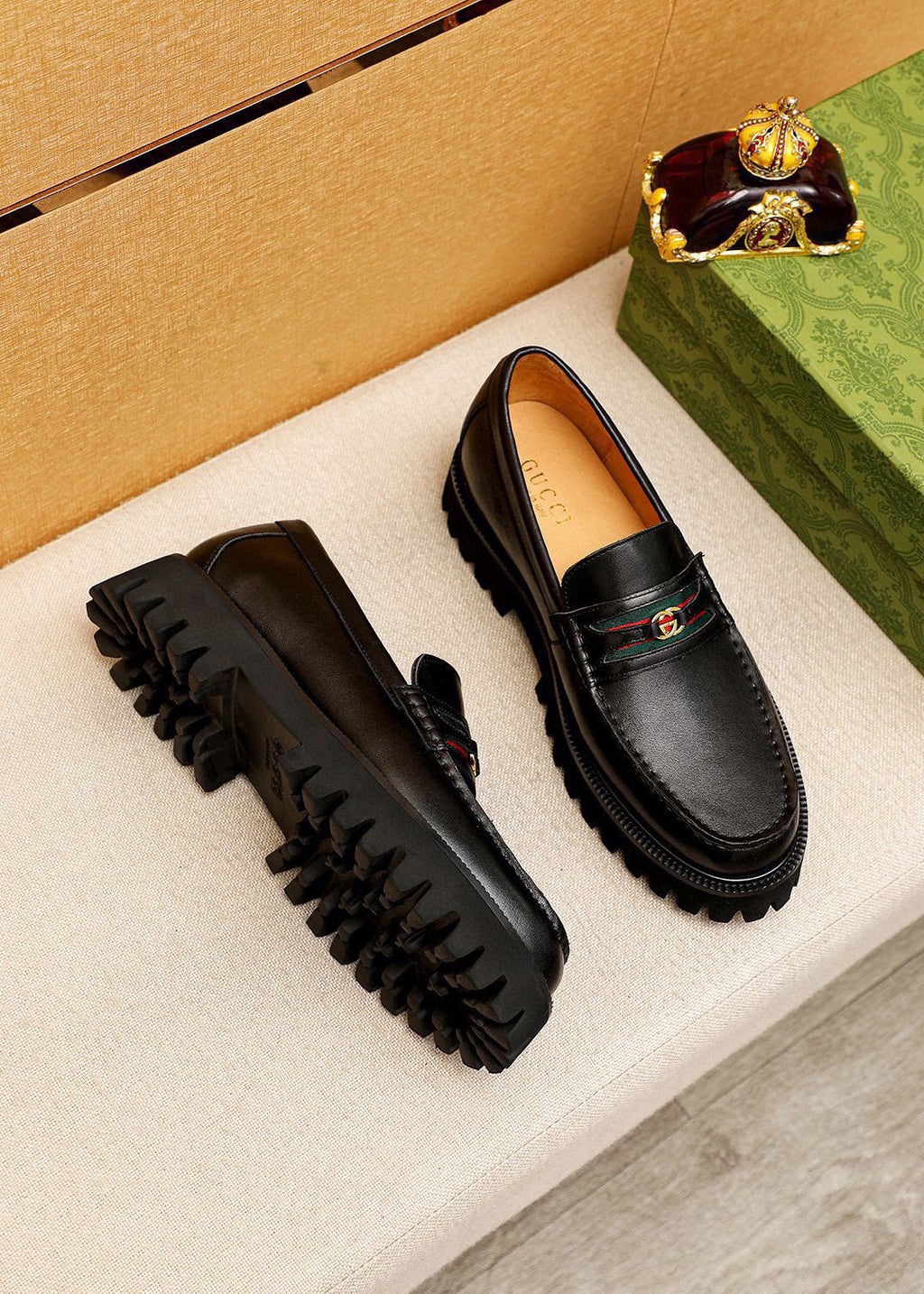 GUCCI Black Web-Accent Loafers