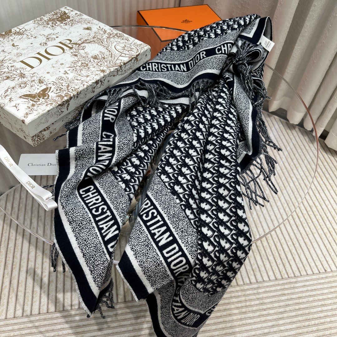 Dior Black & Ivory Fringed Shawl