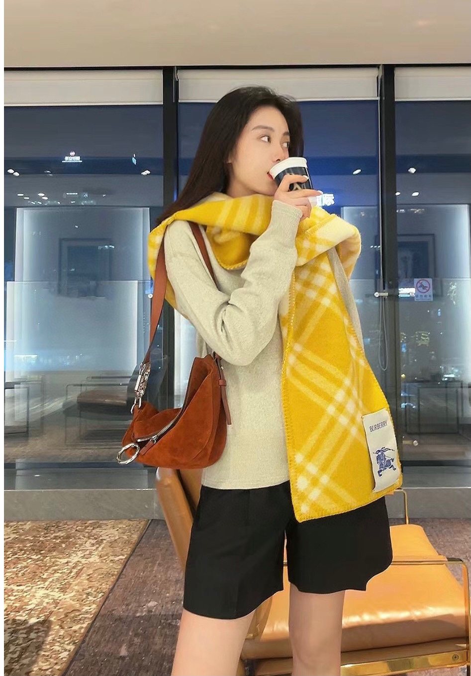 Burberry Yellow Plaid Fringe Scarf