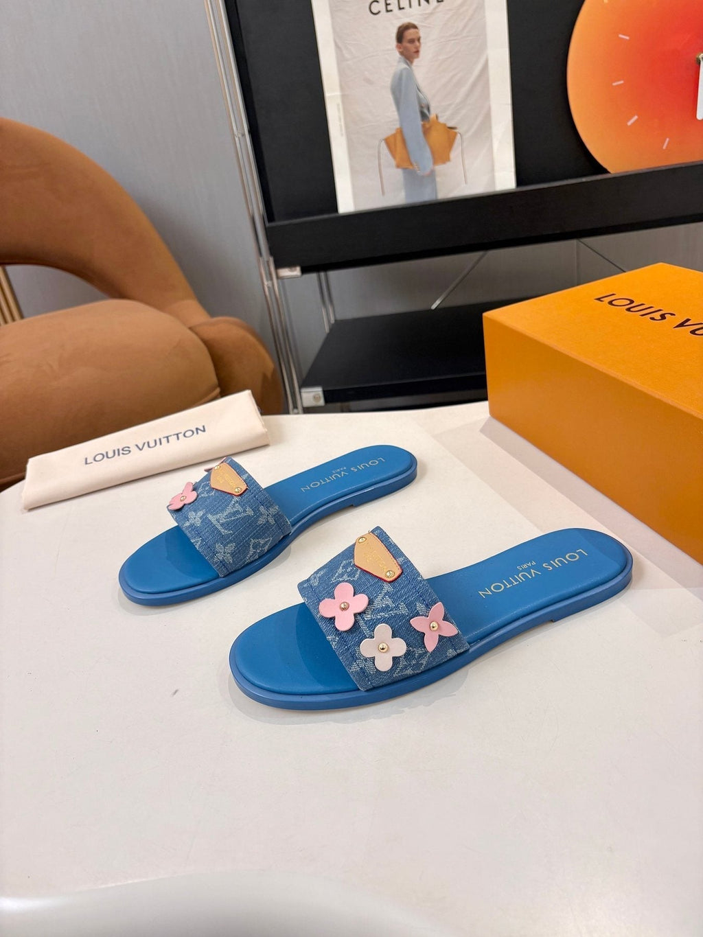 Louis Vuitton Blue Floral Slide Sandals