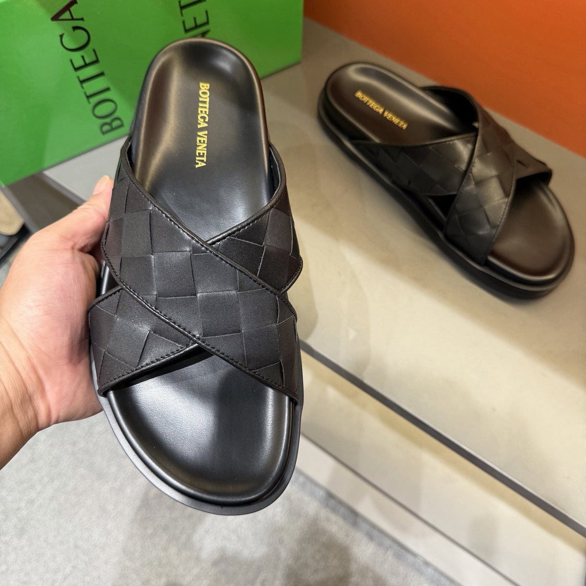 Bottega Veneta Men's Black Woven Slide Sandals