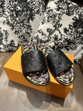Louis Vuitton Black Embossed Slide Sandals - Open Toe