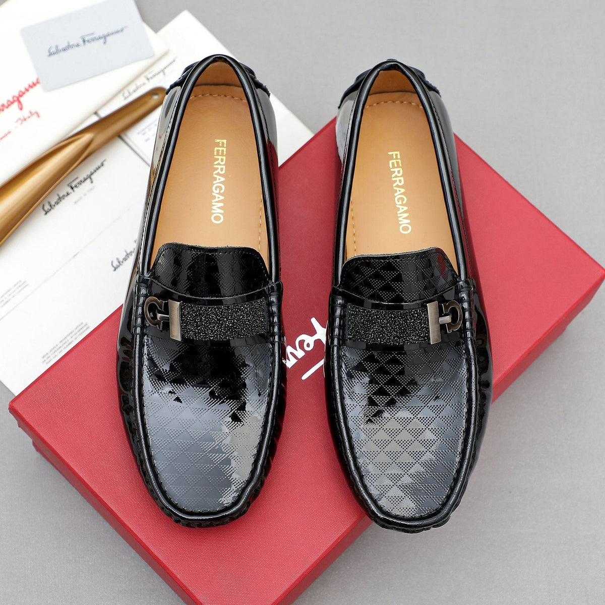 Ferragamo Men's Black Embossed Slip-On Loafers