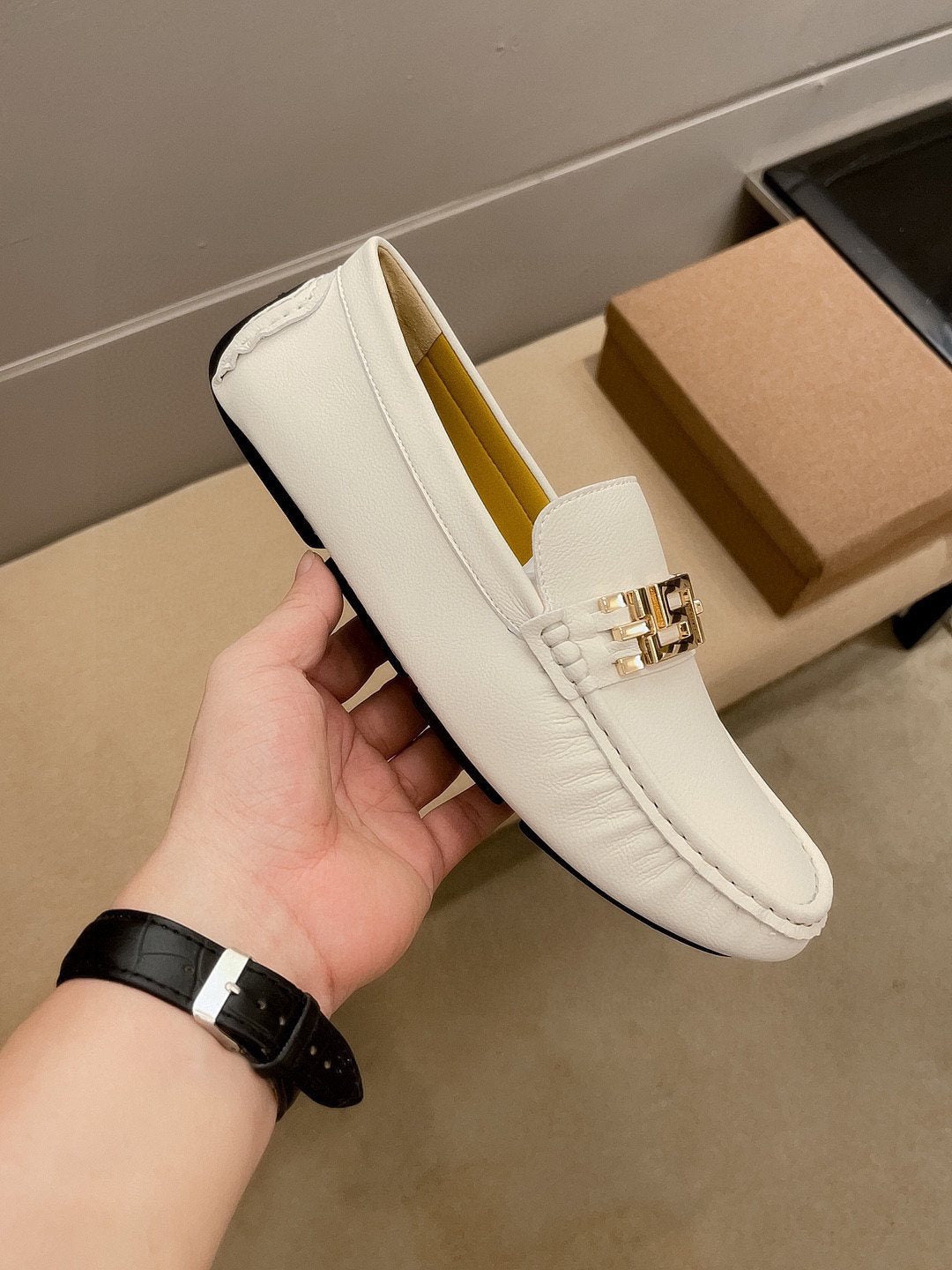 Versace Cream White Gold-Tone Loafers
