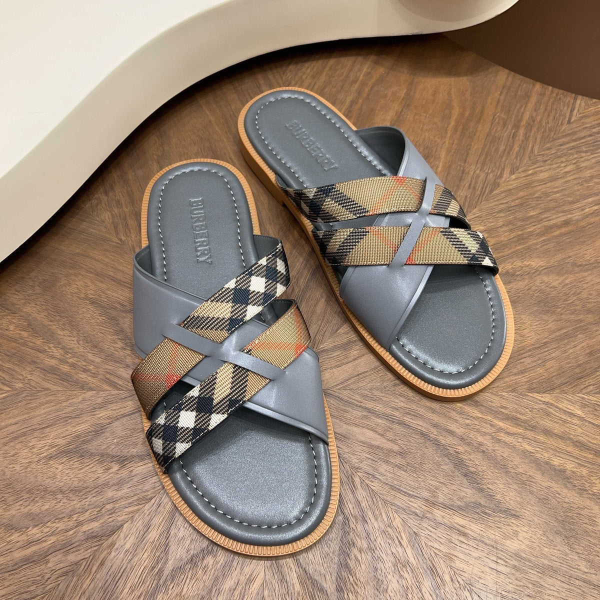 Burberry Plaid Cross-Strap Slide Sandals - Check Pattern
