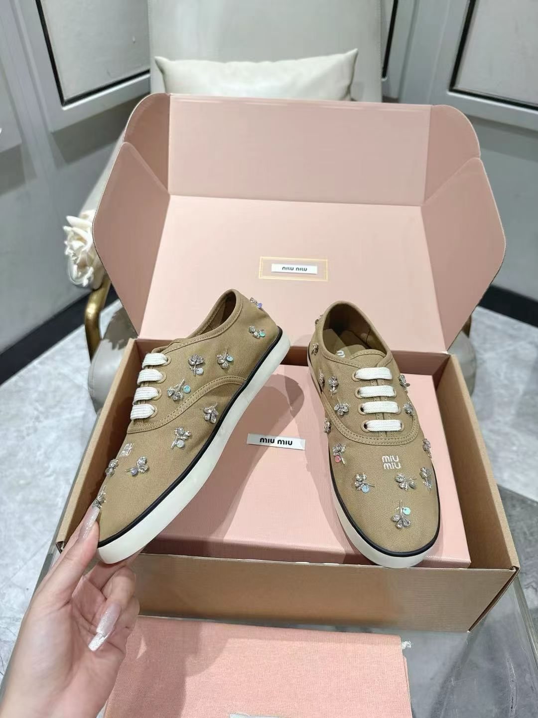 Miu Miu Floral Rhinestone Canvas Sneakers