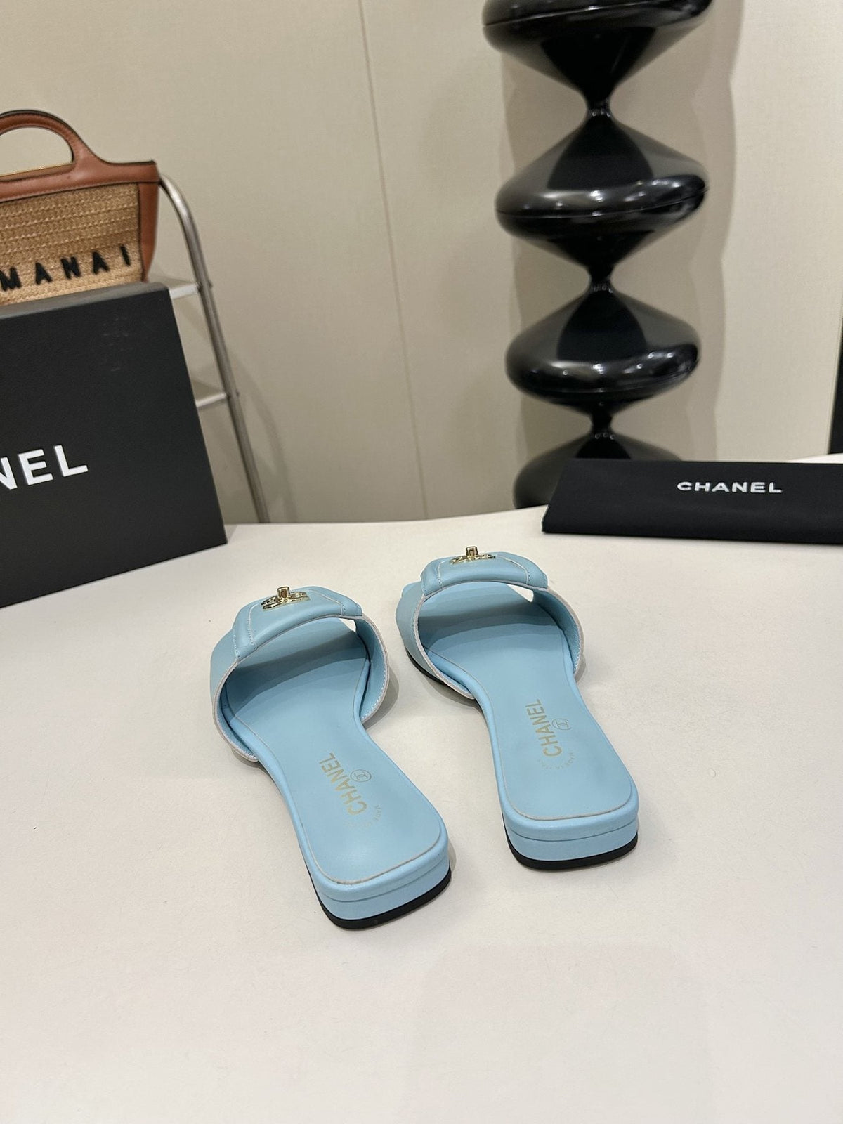Chanel Square-Toe Leather Slide Sandals