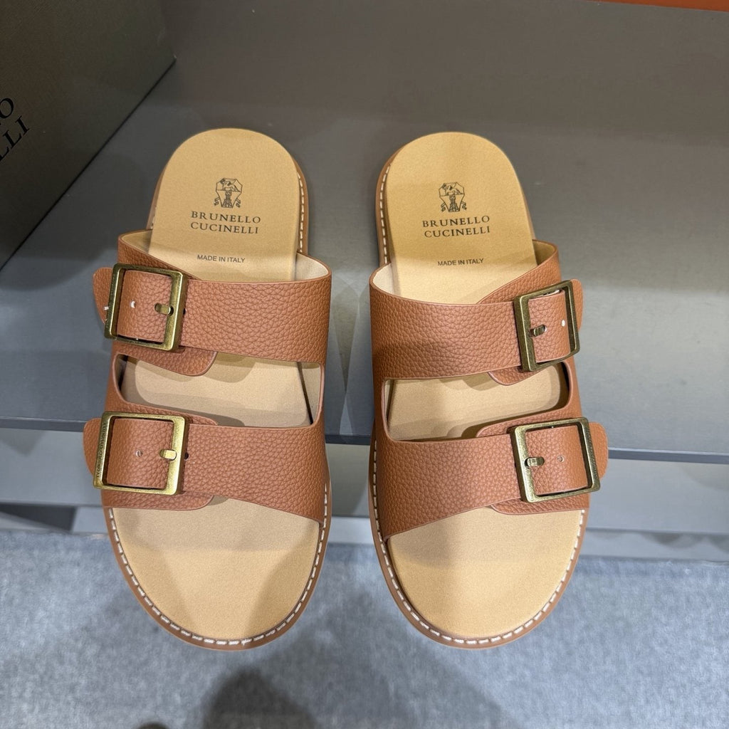 Brunello Cucinelli Men's Double-Buckle Slide Sandals - Contrast Stitching