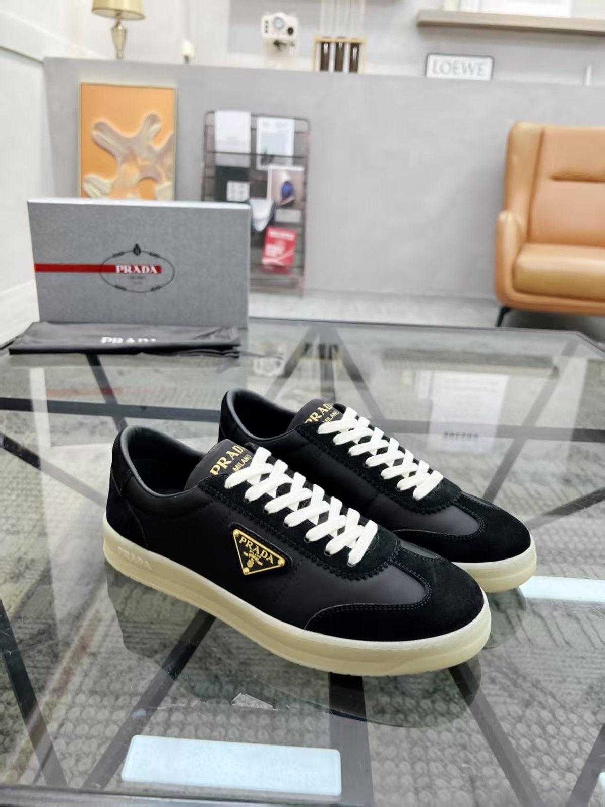 Prada Men's Low-Top Leather Sneakers - Cream Rubber Sole