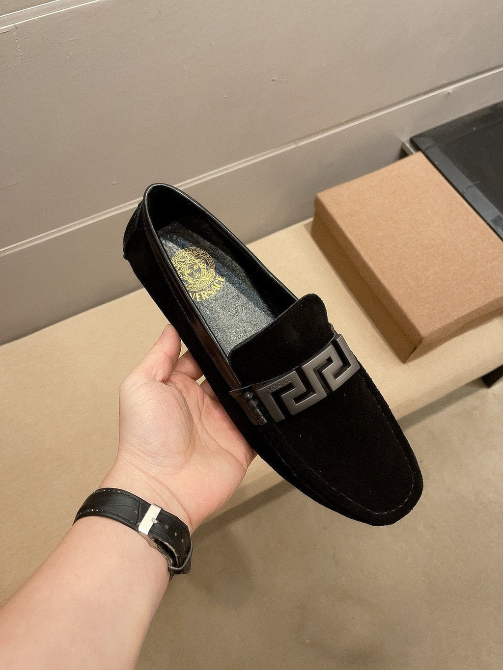 Versace Men's Geometric Buckle Loafers