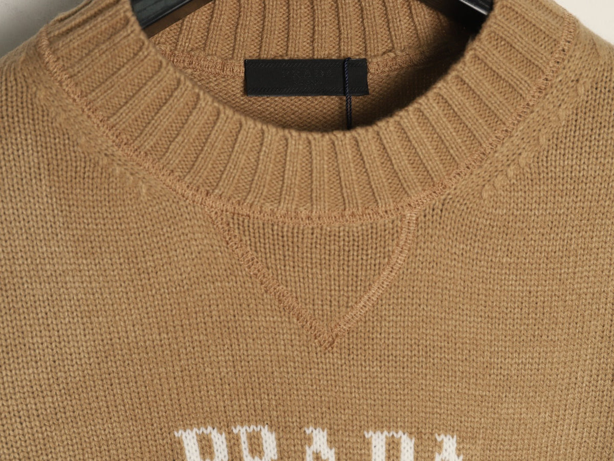 Prada Milano Logo Crewneck Knit Sweater - Camel
